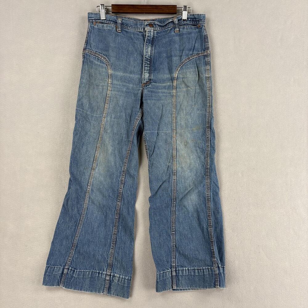 Vintage Red Snap Jeans Womens 32 Light Wash Denim Bell Bottoms Distressed